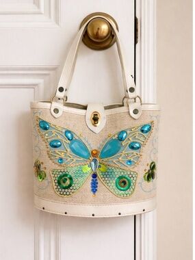 Embellished Butterfly Tote Bag in Cream and Turquoise with faux wood bottom